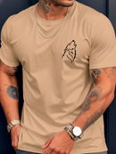 Camiseta Básica Casual de Gola Redonda Masculina, Estampa Lobo
